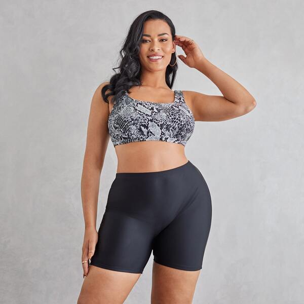 

Plus Snakeskin Print Shorts Bikini Swimsuit, Black and white