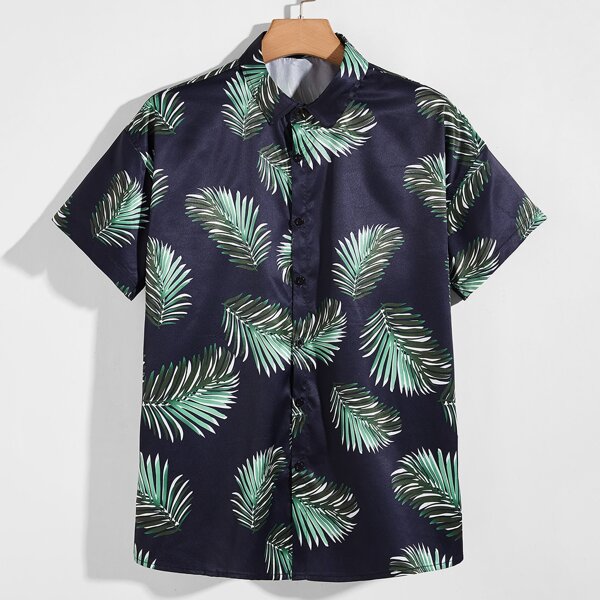 

Men Tropical Print Button Front Shirt, Navy blue