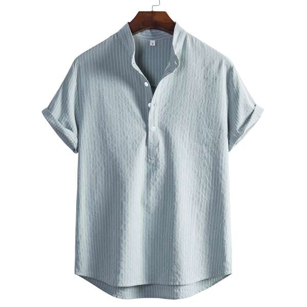 

Men Striped Half Button High Low Shirt, Baby blue