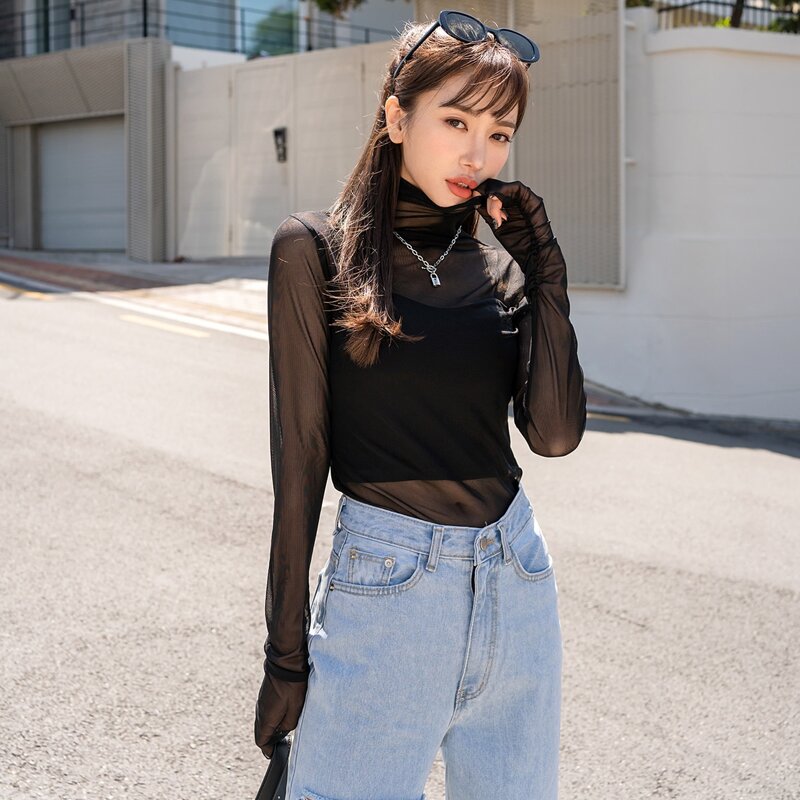 

Solid High Neck Sheer Top, Black