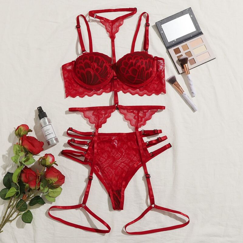 

3pack Lace Cut-out Garter Lingerie Set, Red