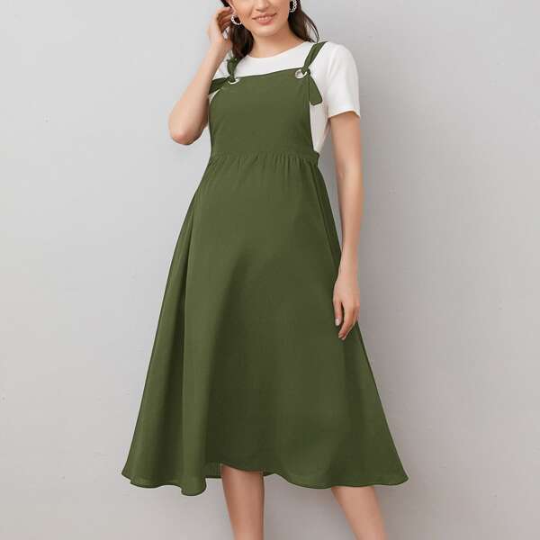 

Maternity Grommet Eyelet Knot Strap Overall Dress, Army green