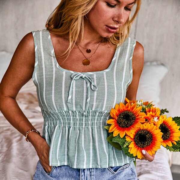 

Stripe Ruffle Hem Shirred Tank Top, Mint green