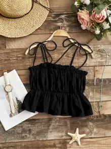 Trelyra Knot Shoulder Swiss Dot Ruffle Hem Cami Top - Black - View 1