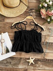 Trelyra Knot Shoulder Swiss Dot Ruffle Hem Cami Top - Black - View 2