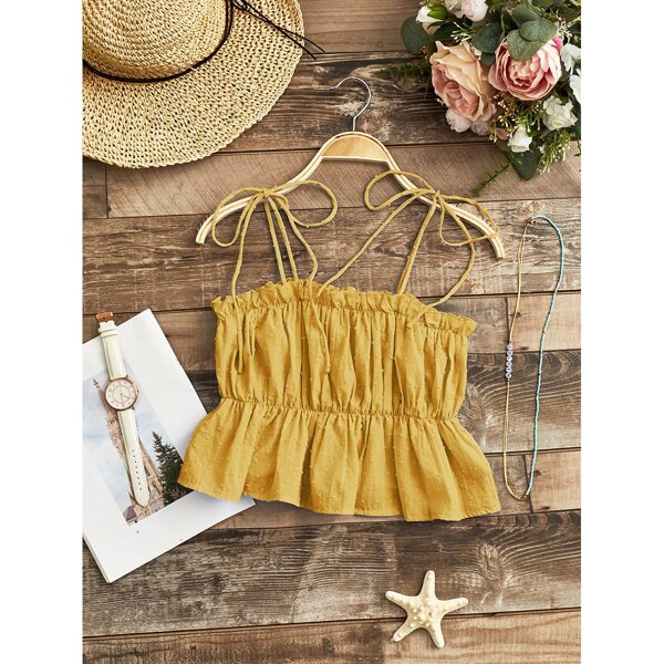 

Knot Shoulder Swiss Dot Ruffle Hem Cami Top, Yellow