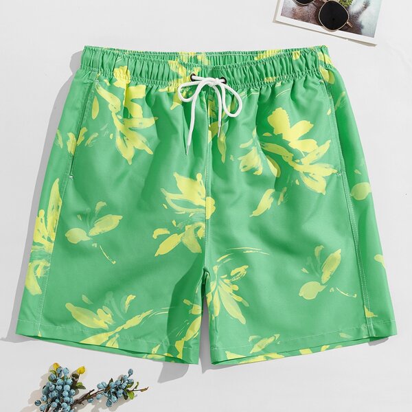 

Men Floral Print Swim Trunks, Lime green
