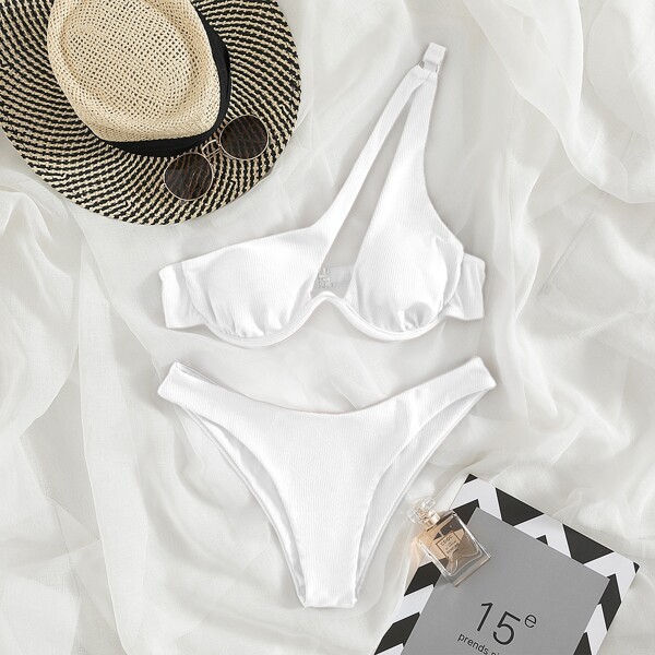 

Rib Underwire One Shoulder Bikini Swimsuit, White