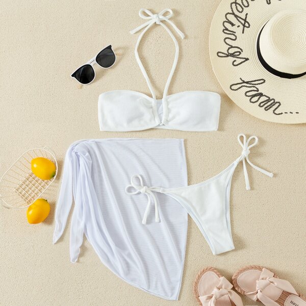 

3pack Halter Thong Bikini Swimsuit & Beach Skirt, White