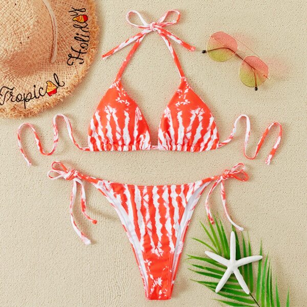 

Tie Dye Triangle Thong Bikini Swimsuit, Red and white