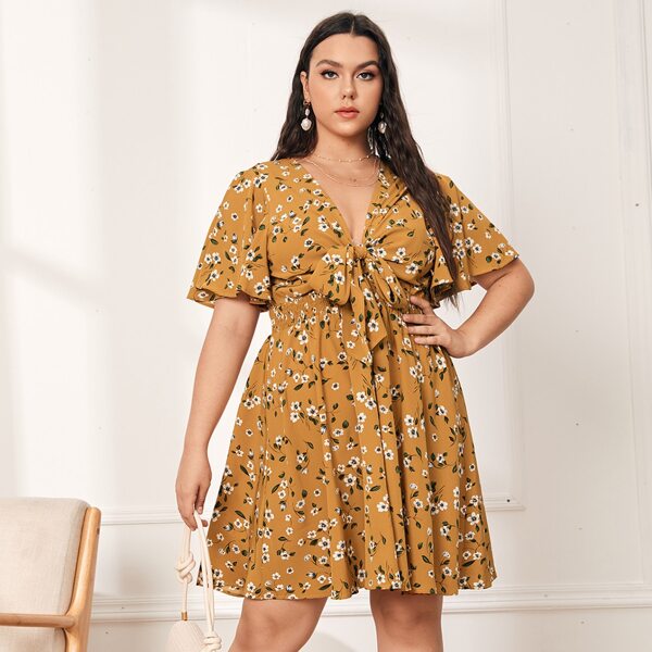 

Plus Butterfly Sleeve Knot Front Ditsy Floral Dress, Mustard yellow