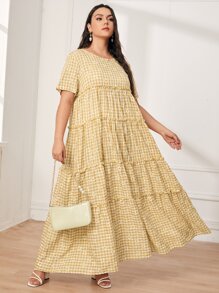 SHEIN Vestido smock floral de margarita de guingán bajo con fruncido - Amarillo - Ver 1