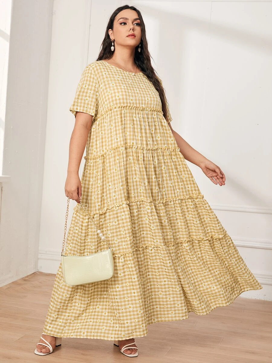 SHEIN Vestido smock floral de margarita de guingán bajo con fruncido - Amarillo - Ver 1