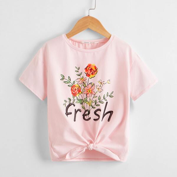 

Girls Floral & Letter Graphic Tie Hem Tee, Baby pink