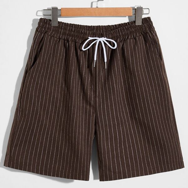

Men Vertical Striped Drawstring Waist Shorts, Chocolate brown