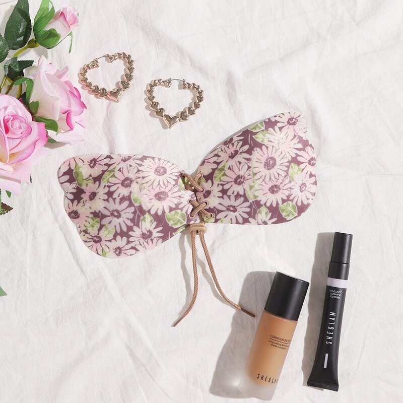 

Floral Print Lace-up Front Self Adhesive Bra, Multicolor