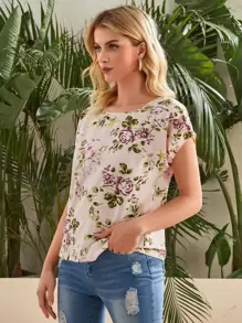 SHEIN LUNE Batwing Sleeve Floral Print Top - Multicolor - View 3