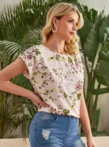 SHEIN LUNE Batwing Sleeve Floral Print Top - Multicolor - View 4