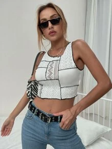 Stitch Trim Eyelet Embroidered Tank Top - White - View 4