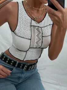 Stitch Trim Eyelet Embroidered Tank Top - White - View 7