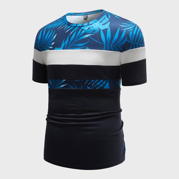 

Men Tropical Print Colorblock Tee, Multicolor