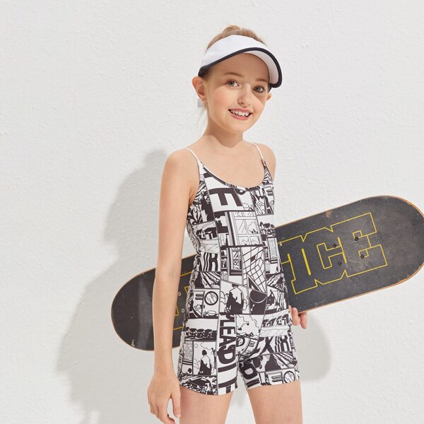 

Girls Pop Art Print Slip Romper, Black and white
