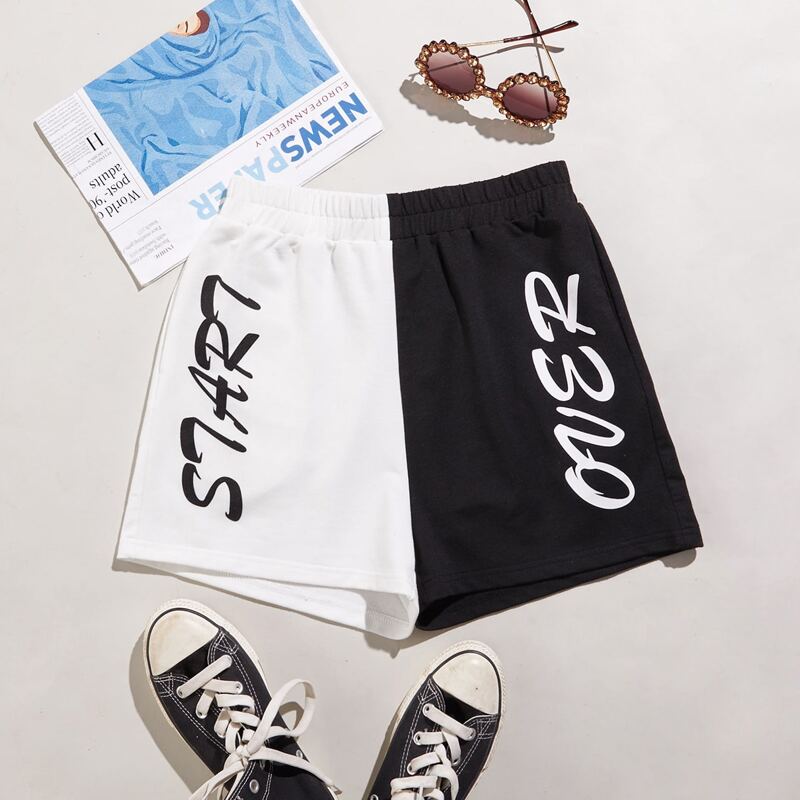 

Letter Graphic Two Tone Track Shorts, Black and white