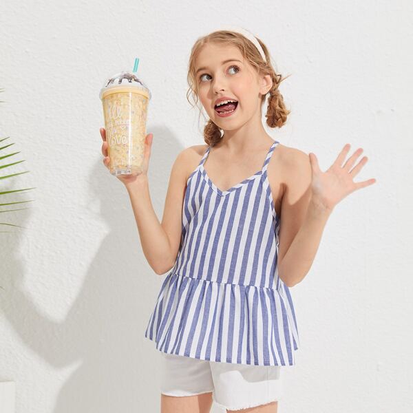 

Girls Two Tone Striped Ruffle Hem Cami Top, Blue and white