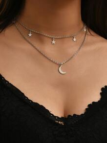 1pc Fashionable Double Layered Star & Moon Pendant Necklace For Women, Daily Jewelry Accessory - Silver - View 1