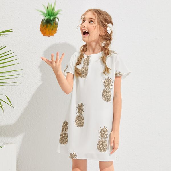 

Girls Keyhole Back Pineapple Print Dress, White