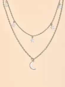 1pc Fashionable Double Layered Star & Moon Pendant Necklace For Women, Daily Jewelry Accessory - Silver - View 3