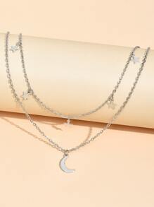 1pc Fashionable Double Layered Star & Moon Pendant Necklace For Women, Daily Jewelry Accessory - Silver - View 5