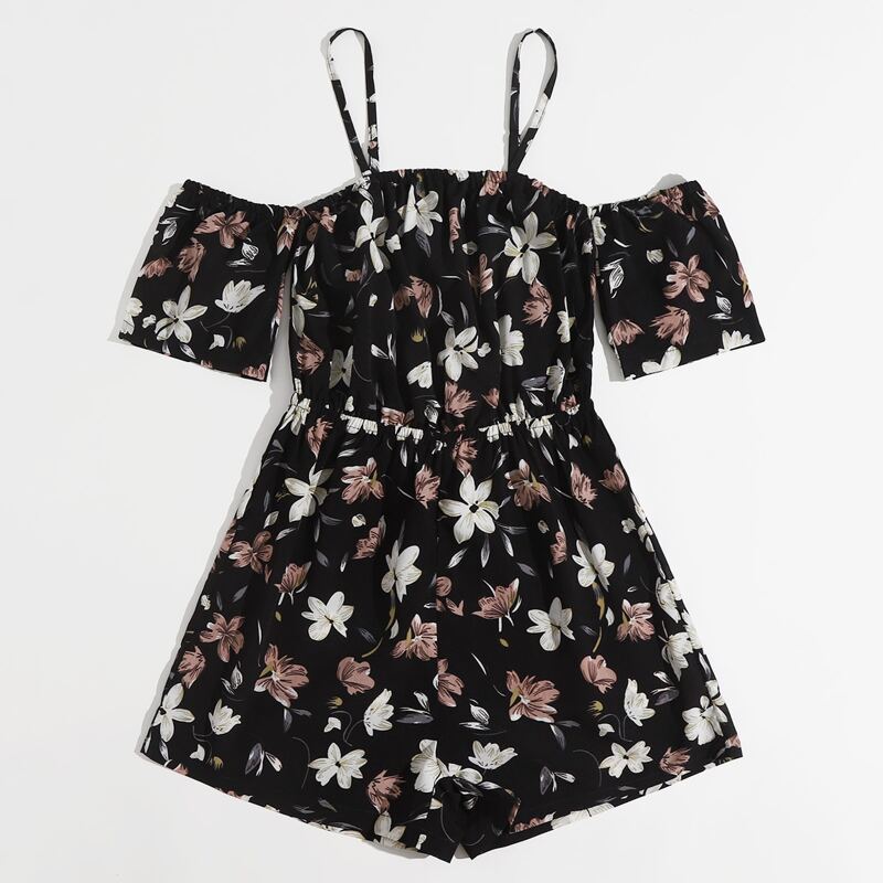 

Floral Print Cold Shoulder Romper, Black