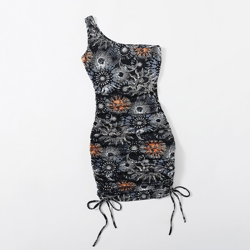 

Sun & Moon Graphic One Shoulder Drawstring Dress, Black