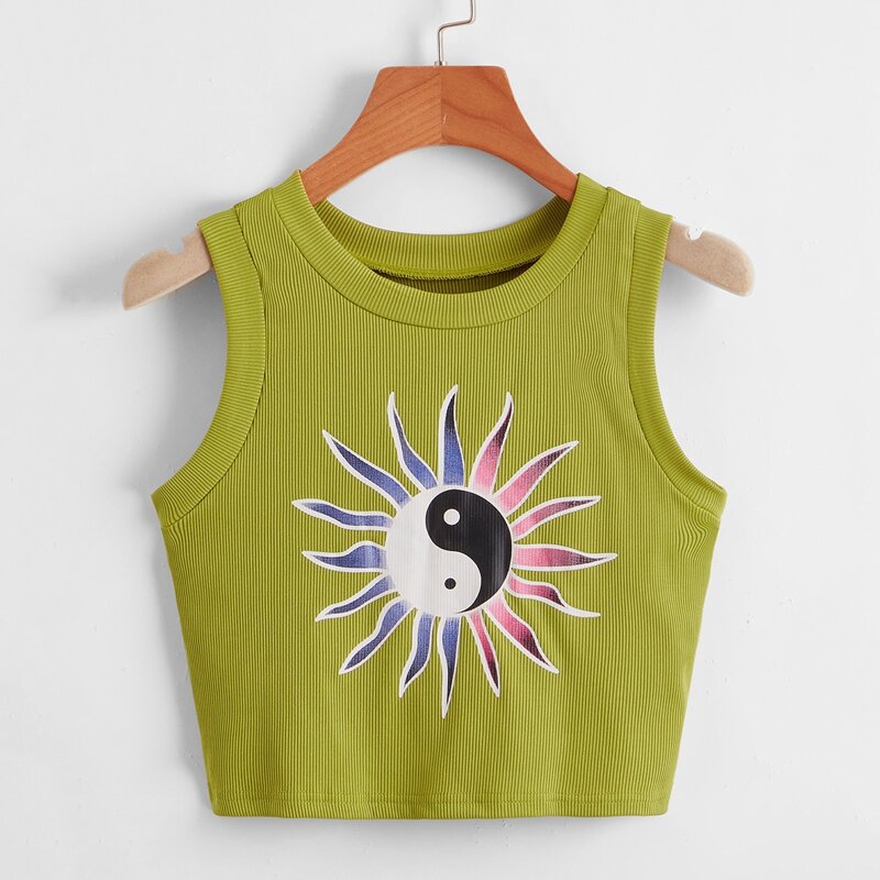 Yin And Yang Graphic Ribbed Tank Top, Lime green