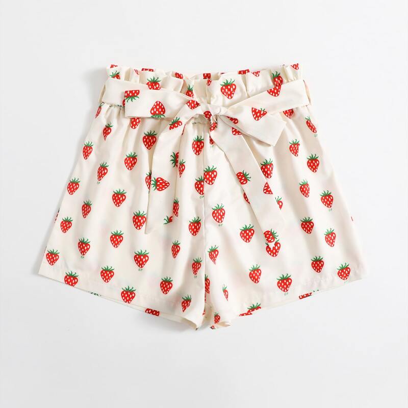 

Strawberry Print Belted Shorts, Beige