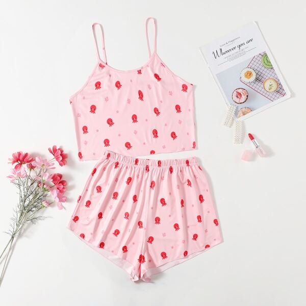 

Plus Cartoon & Star Graphic Pajama Set, Baby pink