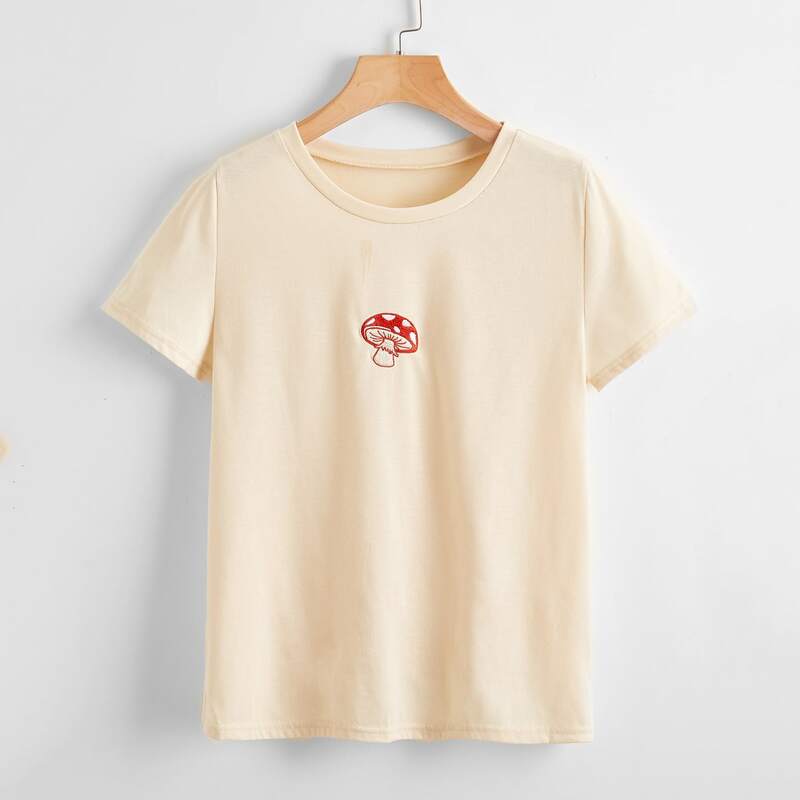 

Mushroom Embroidery Tee, Beige