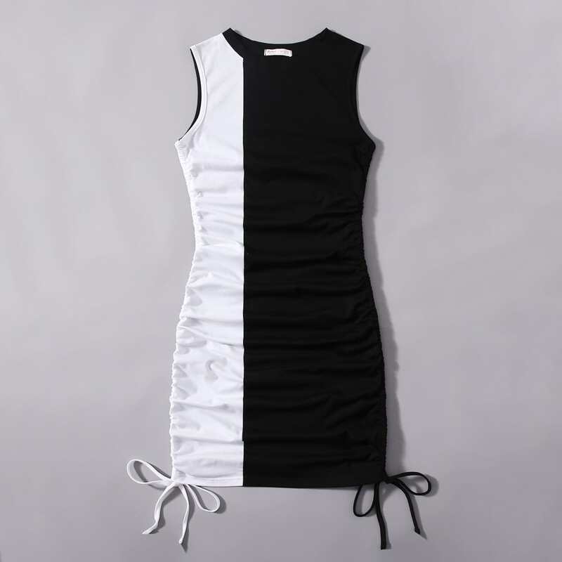 

Colorblock Drawstring Dress, Black and white