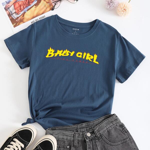 

Letter Graphic Crew Neck Tee, Navy blue