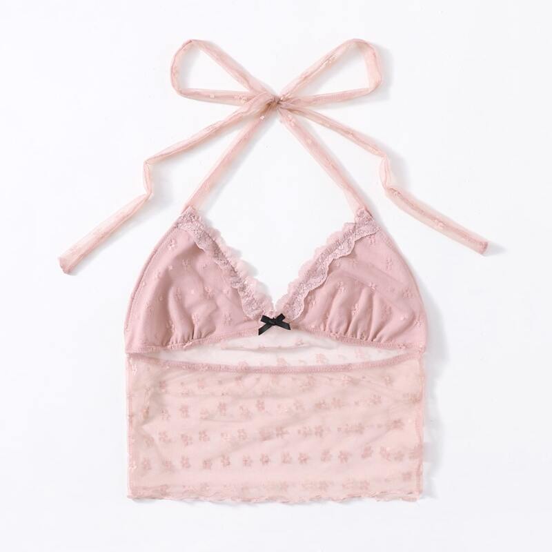 

Contrast Mesh Halter Top, Dusty pink