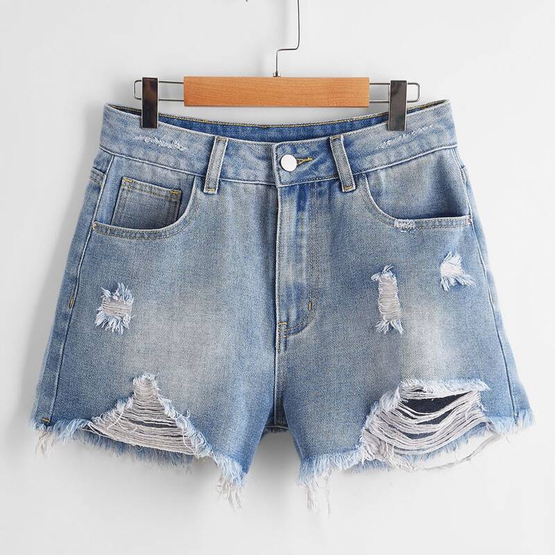 

Distressed Ripped Denim Shorts, Light wash