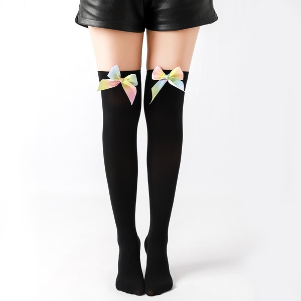 

Bow Knot Decor Over The Knee Socks, Black