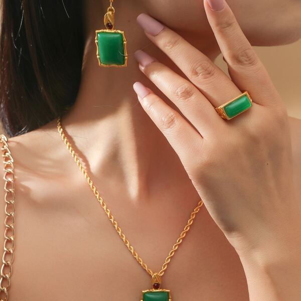 

Geometric Charm Necklace & Ring & 1pair Drop Earrings, Green