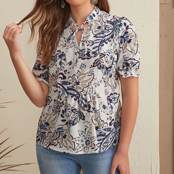 

Allover Floral Print Tie Neck Blouse, Multicolor