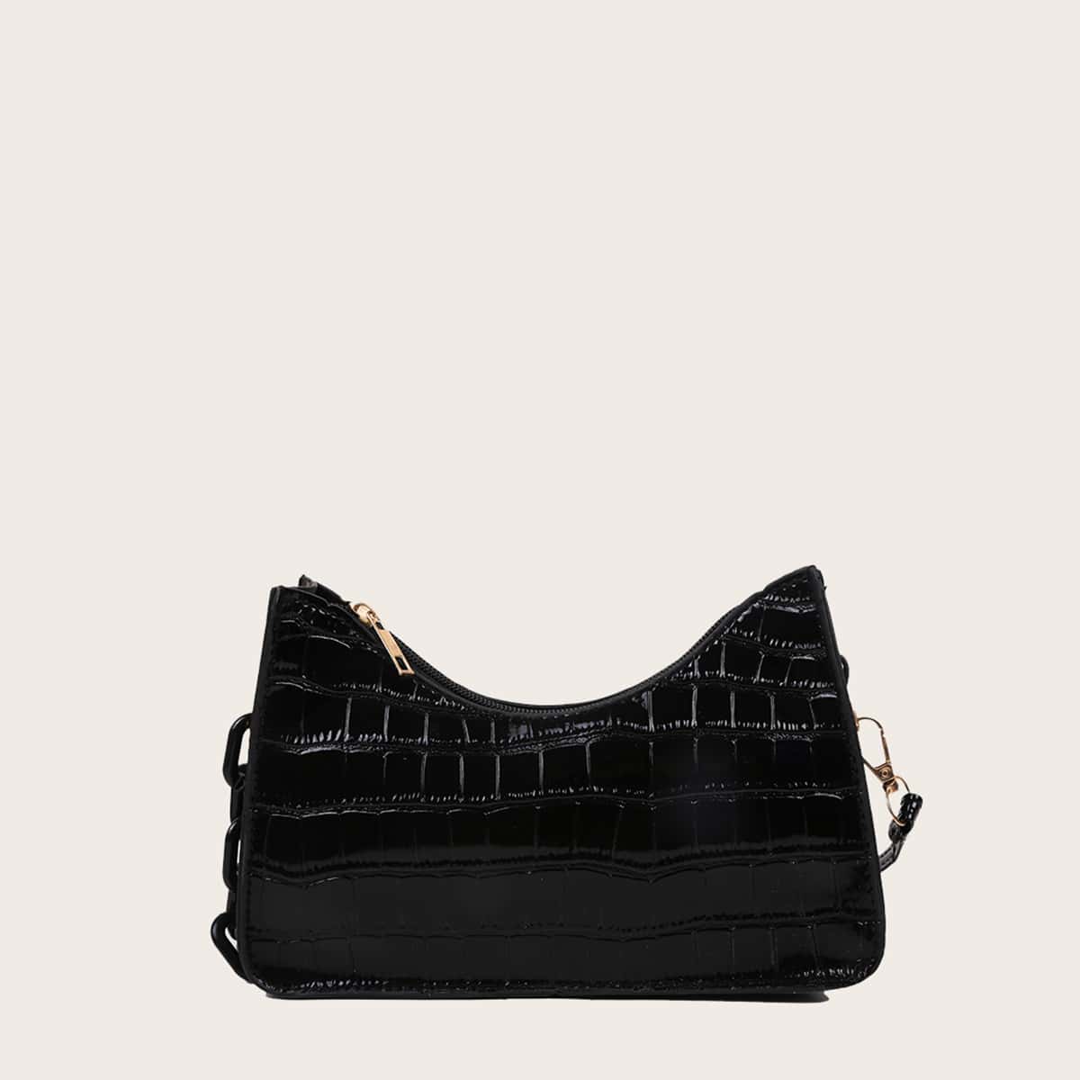 

Croc Embossed Baguette Bag, Black