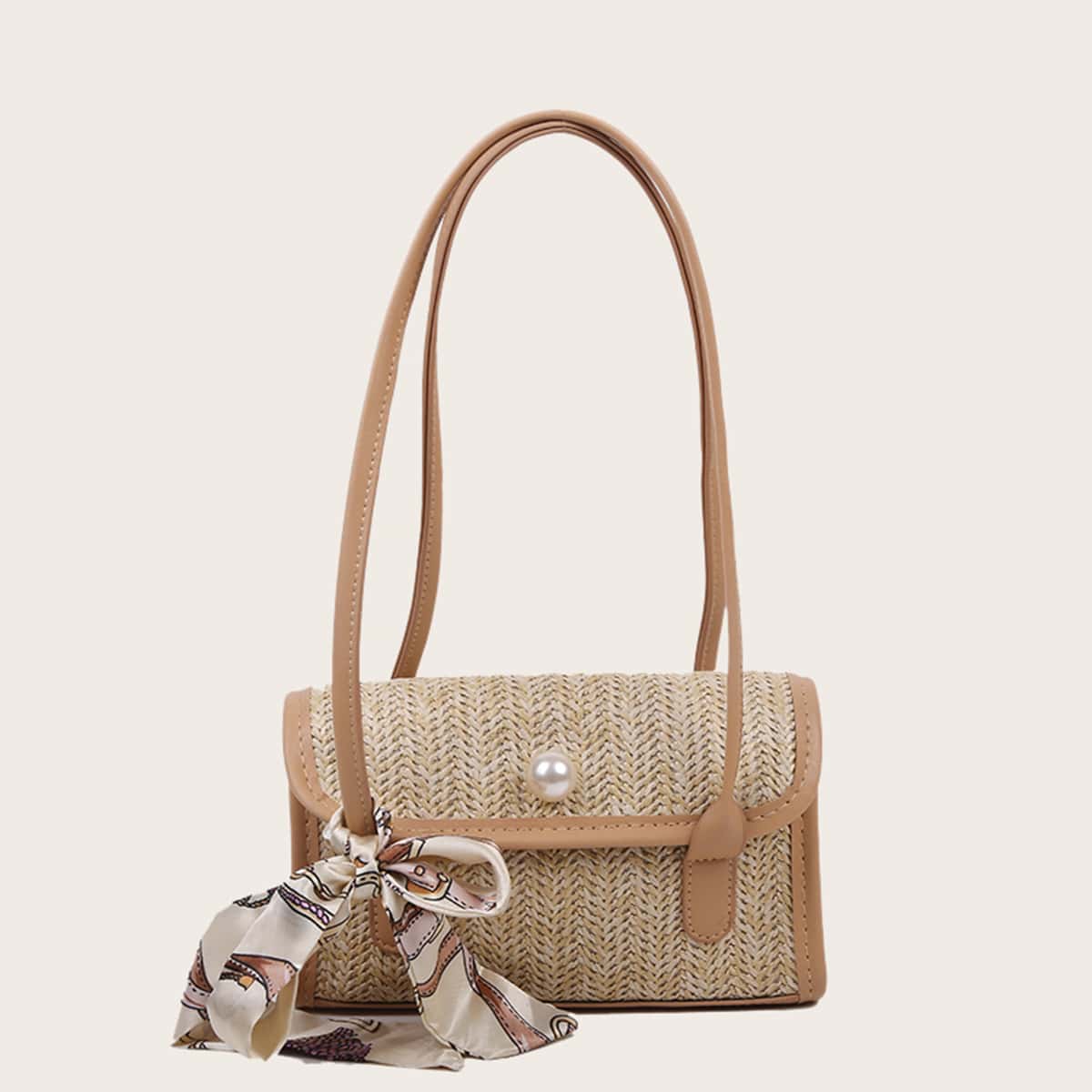 

Scarf Knot Straw Shoulder Bag, Khaki