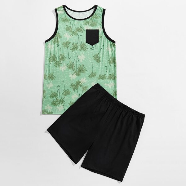 

Men Contrast Binding Tropical Print Tank Top & Shorts, Multicolor