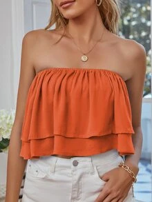 SHEIN VCAY Top tubo bajo con volante unicolor - Naranja - Ver 3