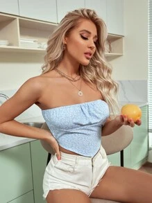 SHEIN VCAY Áo nữ Bất đối xứng Họa tiết hoa Boho - Màu xanh nhạt - Xem 5